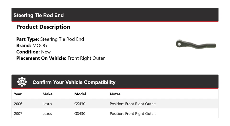 Para Lexus GS430 2006-2007 extremo de barra de dirección delantero derecho exterior MOOG Foto 2 de 4