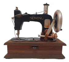 VTG  Style Decorative Wood Sewing Machine Mounted on a Hinged Storage Box 9"X4"