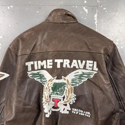 Vintage 80s Triangle Express Graphic Leather Bomber Jacket Brown