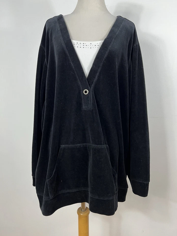 Liz & Me 3X 衬衫上衣黑色丝绒装饰袋鼠口袋长袖 A2 — 第 2/4 张图片