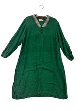 Fabindia Womens Green Silk Kurta With Printed Collar Button Detail XL 408A