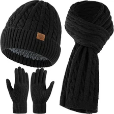 Tavaleu Winter Scarf Hat Gloves Set for Women Men, Warm Lined Beanie Black 