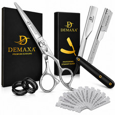 Professional Hair Cutting Scissors  Straight Razor Set with Blades Case