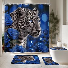 4 PCS Blue Rose and Leopard Shower Curtain Cool African Animal Flower Tropica...