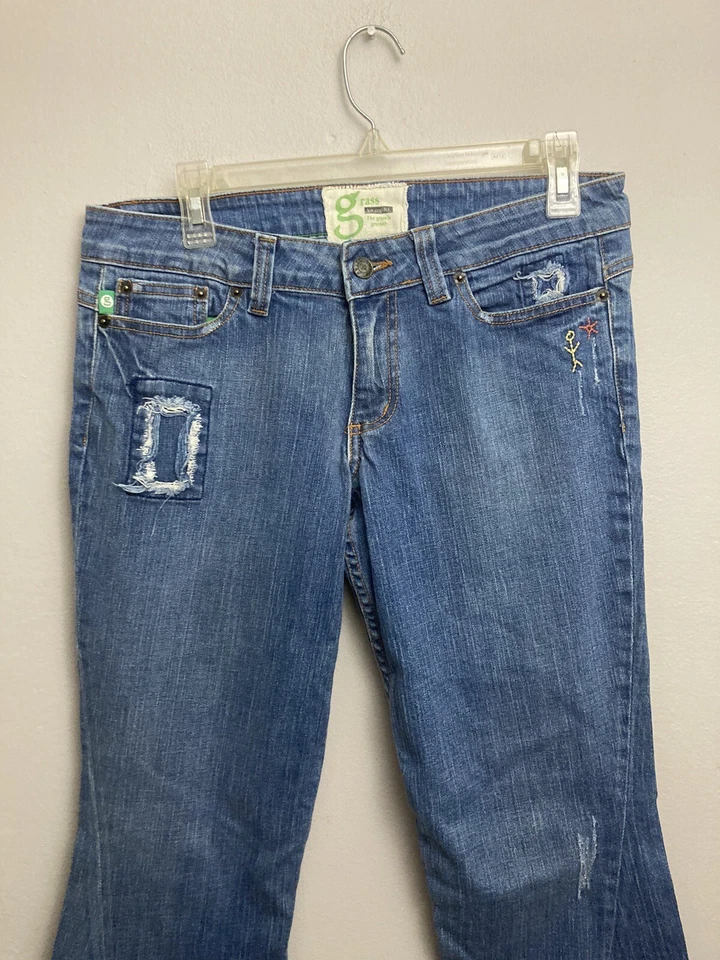 Pantalones de mezclilla para mujer Grass Los Angeles talla 12 31 tiro bajo Y2K festival boho bordados Foto 2 de 4