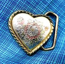 Cowgirls Floral Heart Love Belt Buckle Pressed Metal Inlay Vtg 80s W USA .TWY125