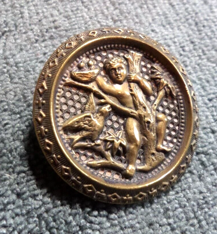 Antique Metal Picture Button Child Stealing Nest of Babies from Mama Bird - Image 2 of 4