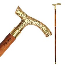 Antique Vintage Solid Brass Polish T Shape Handle Brown Walking Stick Cane