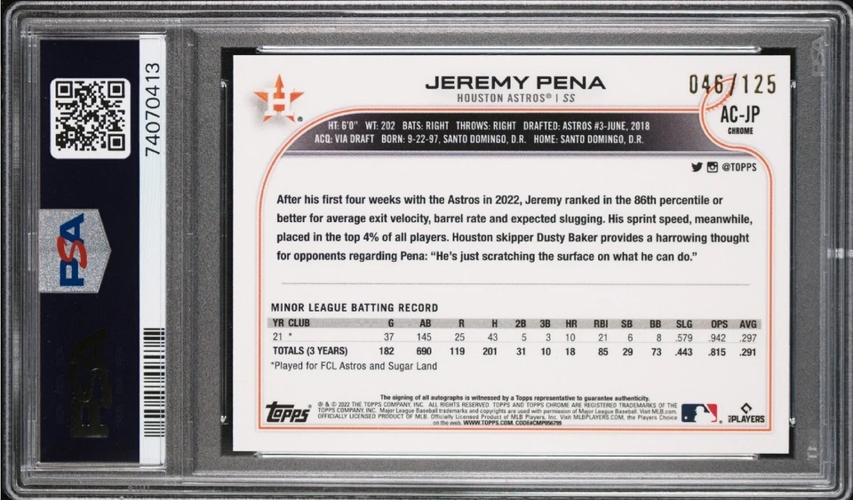 2022 Topps Chrome Update Jeremy Pena #/125 Rookie Refractor Xfractor Auto PSA 10 - Image 3 of 3