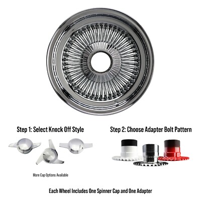 15x7 Standard 100 Spoke Straight Lowrider Wire Wheel + Cap + Adapter, SINGLE