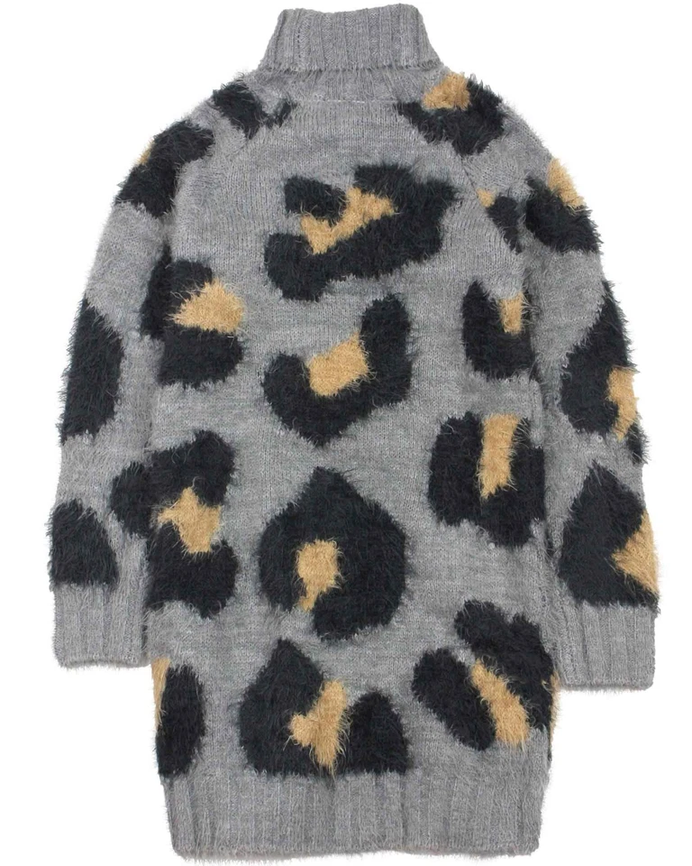 Vestido Suéter BOBOLI Niñas Lana Tejido Peludo Gris Cuello Alto Estampado Guepardo 14 Foto 2 de 4