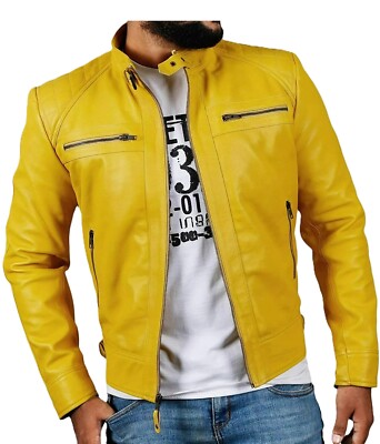 Men Yellow Motorcycle Quilted Biker Jacket Genuine Lambskin