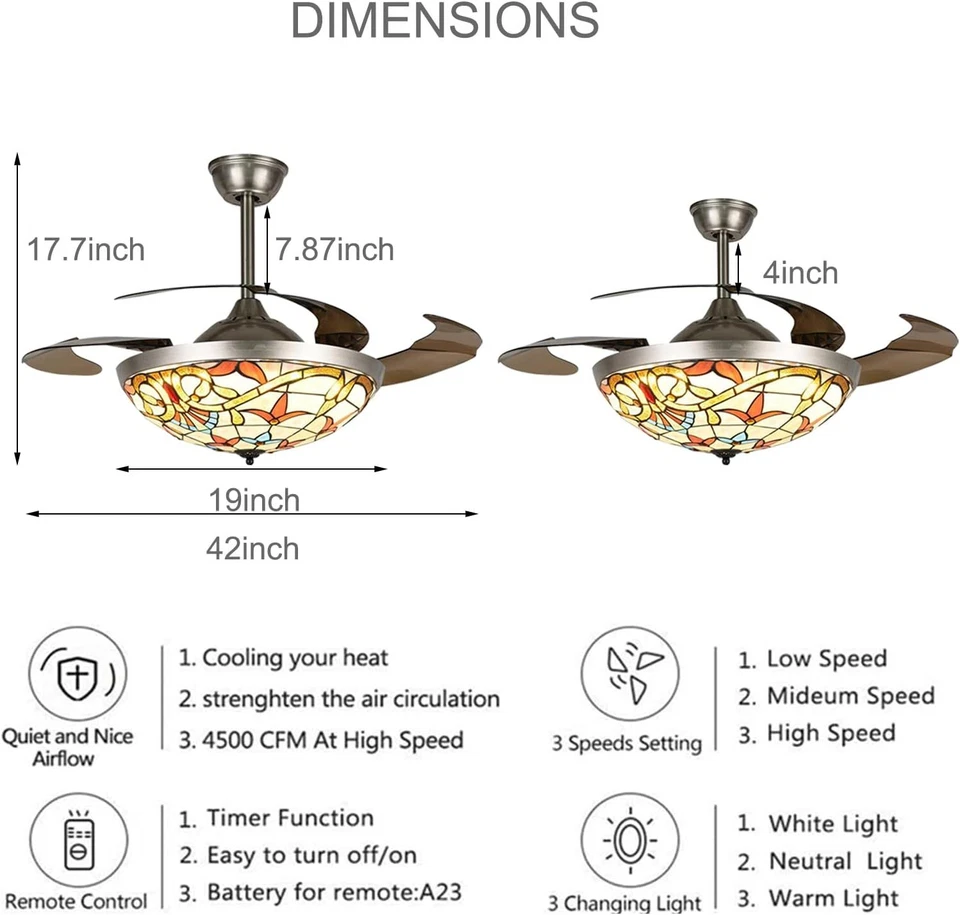 42" Mediterranean Ceiling Fan Light Remote Retractable 3-Color LED Chandelier - Image 4 of 4