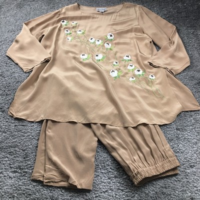 Diane Von Furstenberg Womens Silk Pants Set Sz 1X Beige Embroidered NWT