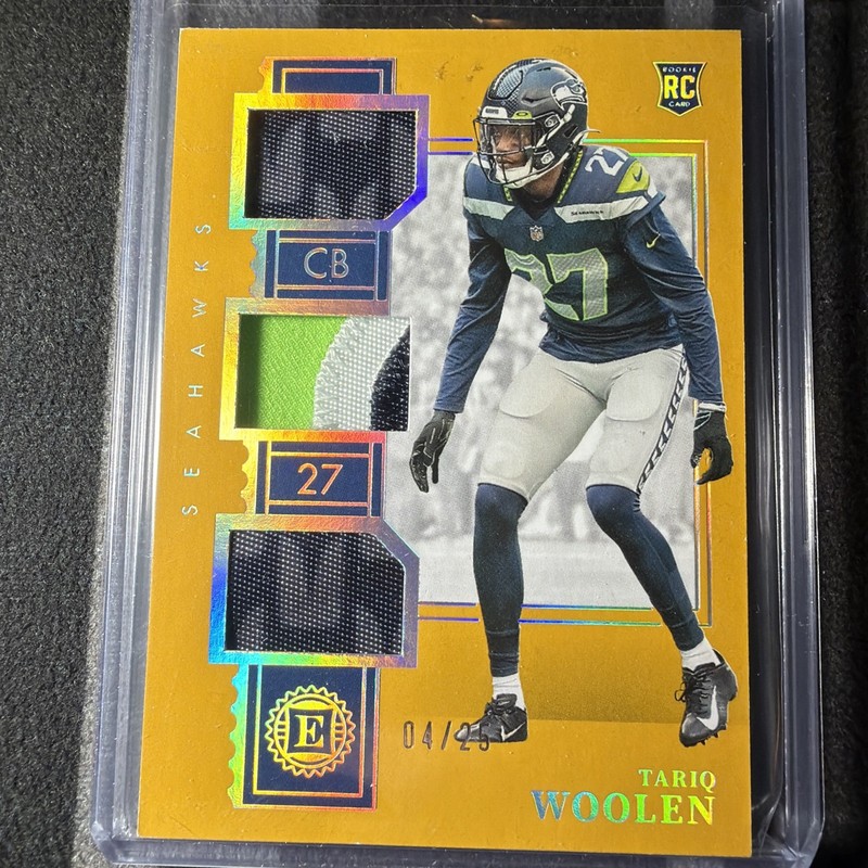 2022 Panini Encased Tariq Woolen SSP RC GOLD Rookie Triple Patch Relic #4/25