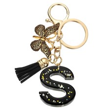Initial Letter Keychains, Resin Cute Pendant with Butterfly  Tassel, Black-S
