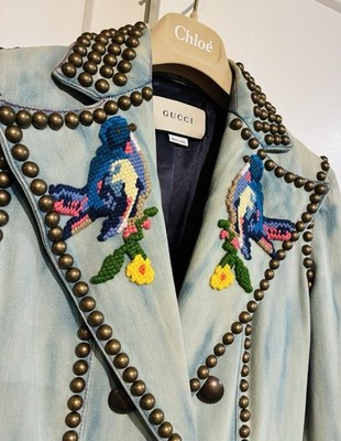 Gucci 38 XS Fully Studded Parrot Embroidered Denim Blazer $4700 | eBay