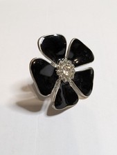 Vintage Flower ring black enamel diamante center silver tone Size P 4cm diameter
