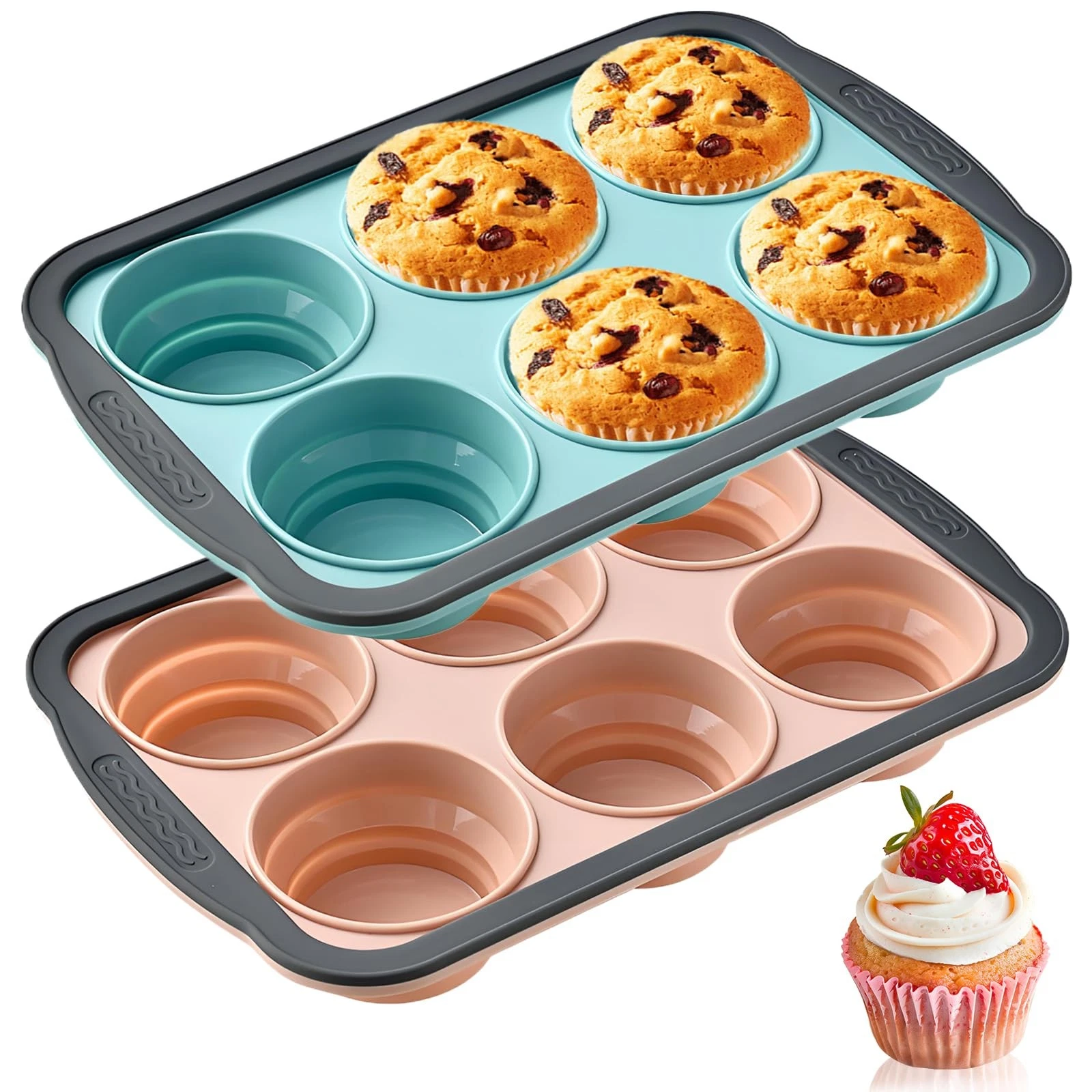 2 Pack Silicone Muffin Pans for Baking with Metal Frame,Nonstick 6 Cup Silico...