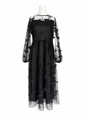 Nuevo con etiquetas Vestido JJ's House Adara XL Negro Tul Malla 3D Mariposa Maxi Manga Noche