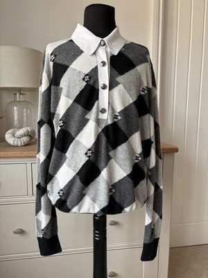 CHANEL 2021 Runway Argyle CC Logo 100% Cashmere Knit Polo Sweater Size 44 UK 12