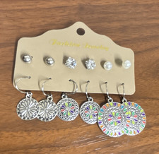 Silver Plated Earrings Set Stud & Drop, Clear CZ & Imitation Pearl Discs