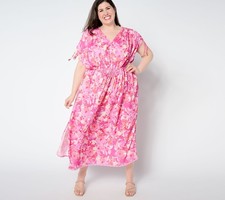 Susan Graver Women's Plus Sz Dress 1X Passport Regular Woven Maxi Pink A649323