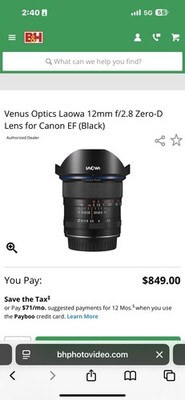 * OPEN BOX EXCELLENT * Laowa 12mm f/2.8 Zero-D Lens for Canon EF