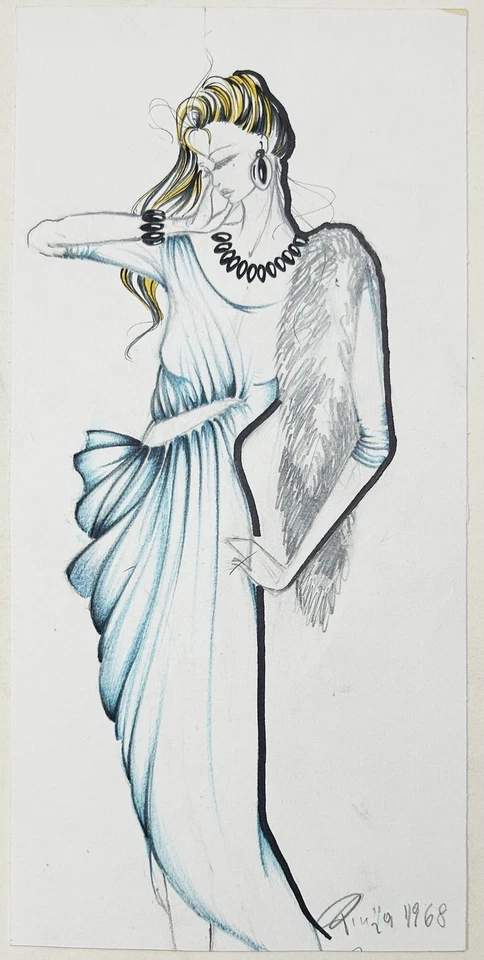 Dessin De Mode Femme 60er, Portrait, Dessin Original Unikat - Photo 1/1