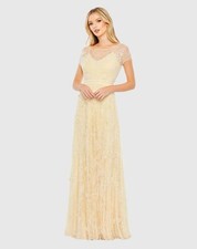 MAC DUGGAL Size 14 Yellow 70274 Embellished Illusion Cap Sleeve Formal Gown $598