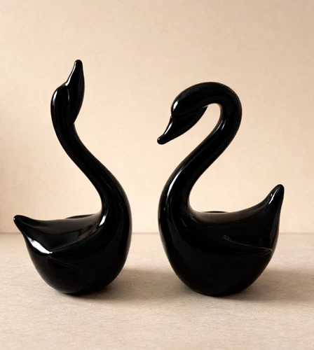Vintage Fenton Black Glass Swan Figurines Pair 4.5” Hand Painted USA