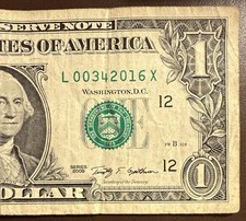 $1 Dollar Bill Fancy Serial L00342016X – “X” Note – Series 2009 - Lower Serial