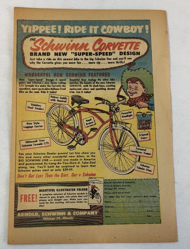 1955 SCHWINN CORVETTE bicycle ad page ~ RIDE IT COWBOY! yippee!