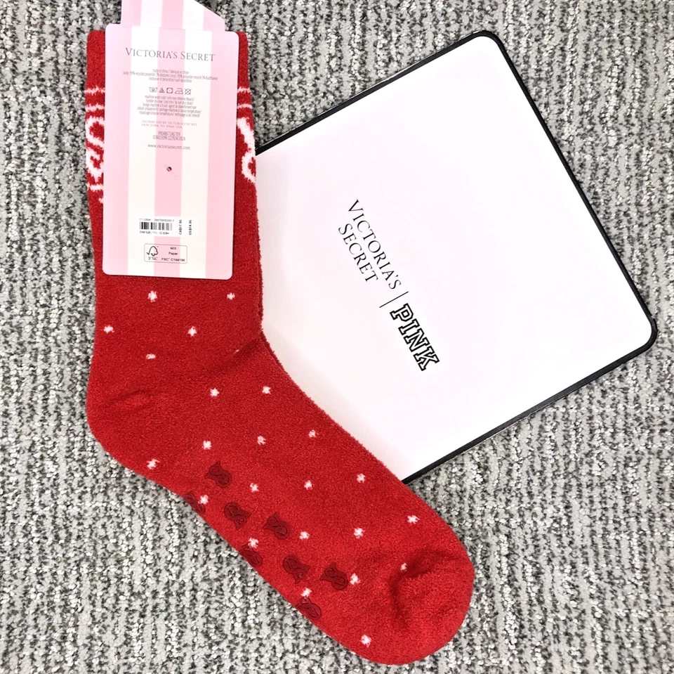 Meias Victoria's Secret novas com etiquetas bolinhas vermelhas aconchegantes lã tripulação logotipo fofo feriado - Imagem 2 de 4