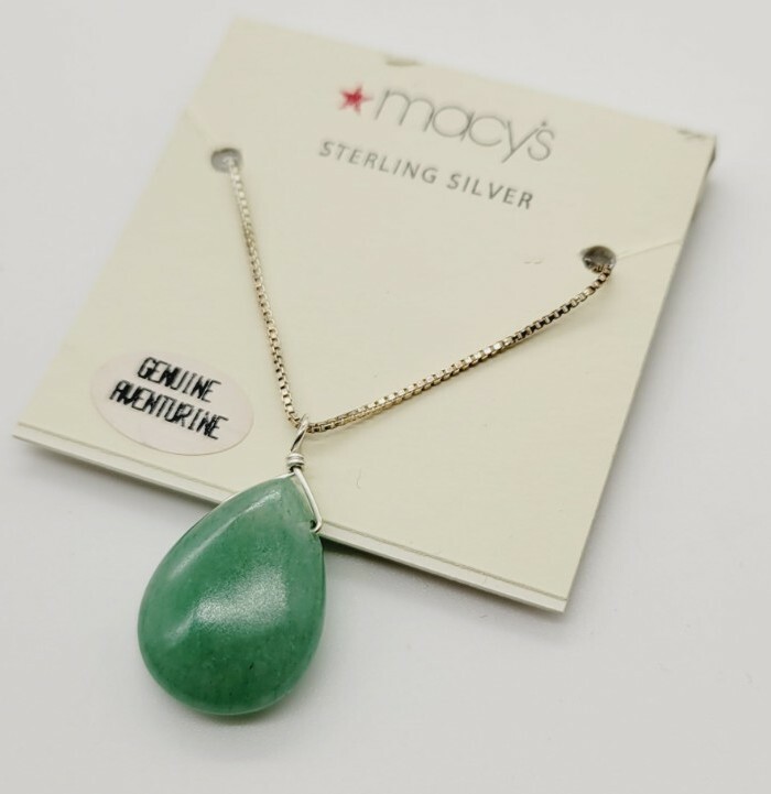 Macy's Sterling Silver 925 Teardrop Aventurine Green Necklace New On Card  $40