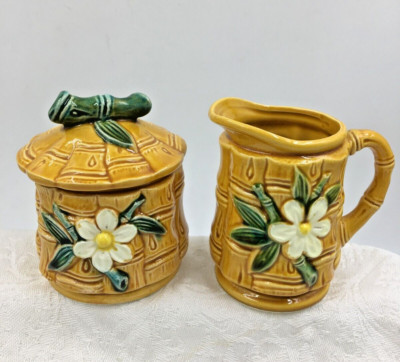 Vtg Lego Daisy Sugar Bowl and Creamer Ceramic Mid Century Modern Retro Japan NOS