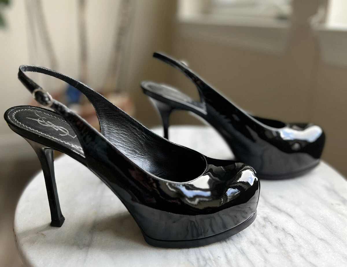 YSL Tribute Black Patent Leather Hidden Platform Slingback Heels