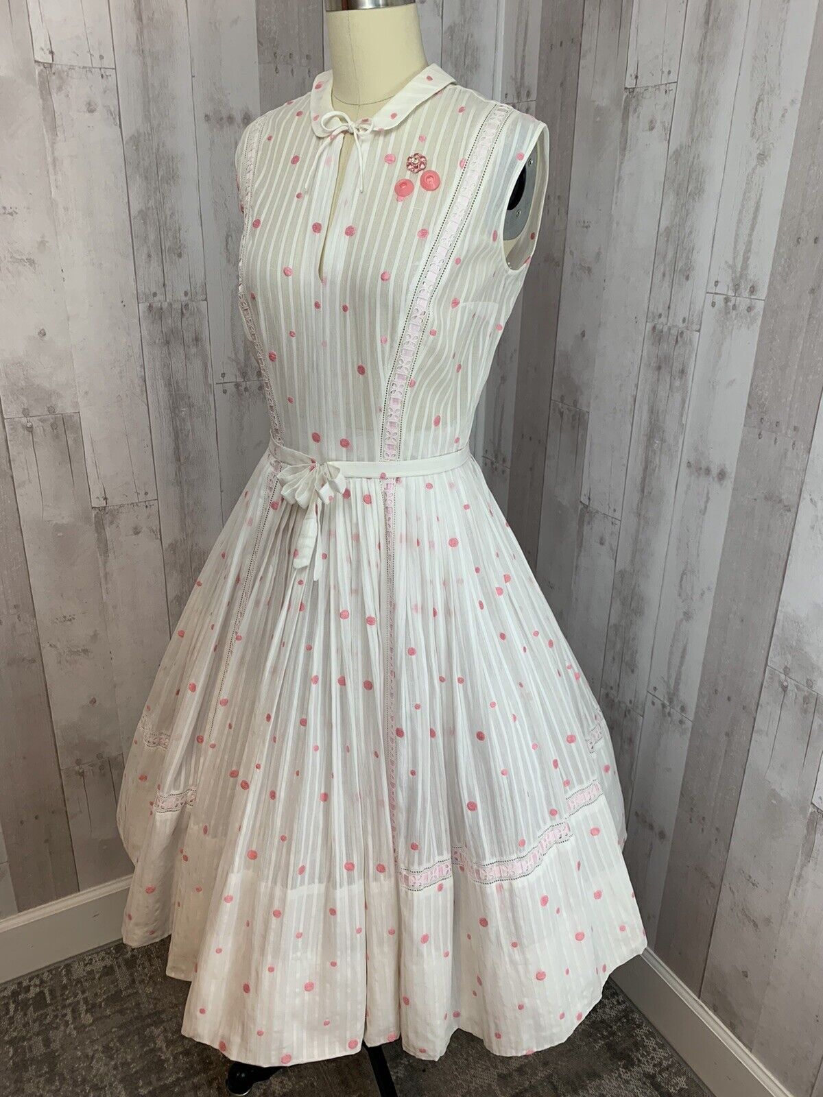1930s Antique Dress Pink/White Polka Dot Sheer St… - image 10