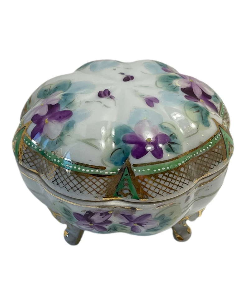 VTG Hand Painted Moriage Trim Purple Floral Footed Trinket Dish w/Lid - Image 2 of 4