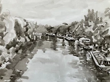 Belle Painting Seine Boulogne Watercolour Georges Massa 1980 Fleuve Boat Art