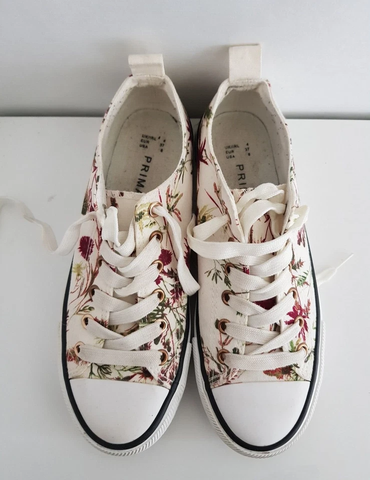 Primark Womens White Multi Floral Canvas Trainers (Converse Style) UK- 4 - Image 3 of 4