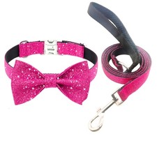 Bling Bow Tie Dog Collar and Leash Set, Cute Pink Girl Dog Collar with 5ft Le...