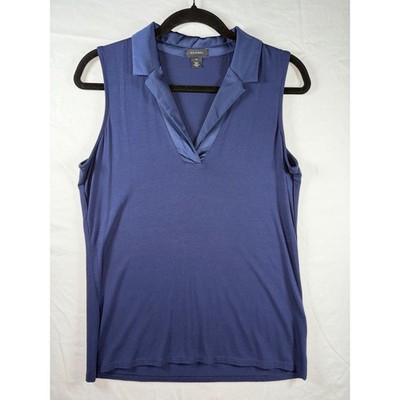 Halogen Womens Navy Blue Sleeveless Satin Trim V-Neck Knit Shell Top Size M