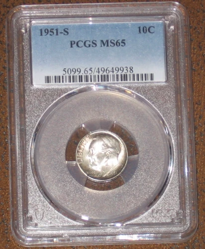 1951 S Silver Roosevelt Dime PCGS Grade MS65 nice Rim tones 10c
