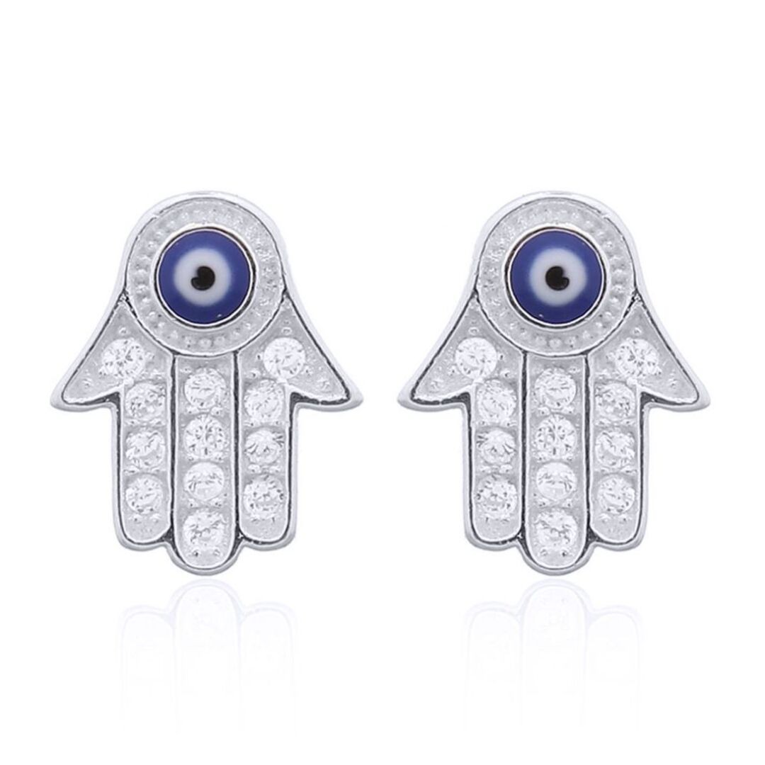Silver Jewelco London Round CZ Anti Evil Eye Beaded Hamsa 5 Hand Stud Earrings