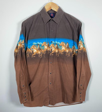 Panhandle Slim Western Shirt Men's Large Brown Running Horse Motif Cowboy Rodeo