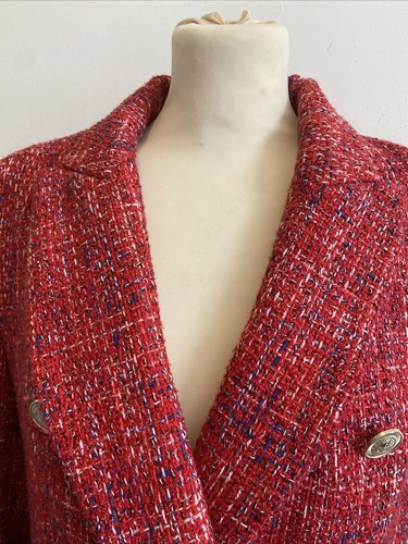 Zara Boucle Blazer Jacket Womens Medium Textured Red White Double Breasted - Picture 2 of 6