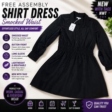 Free Assembly Women's Smocked Waist Shirt Dress Black Large NWT Long Sleeve