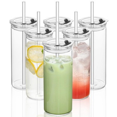 KEMORELA 6-Pack 18oz Large Round Glass Cups with Lids Large, Clear Round-6PCS 