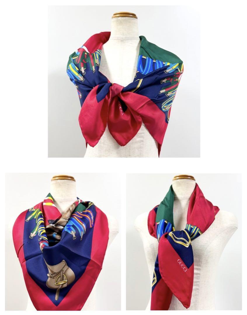 Gucci Scarf Red Navy Silk Jockey, Horse Pattern Women Italy